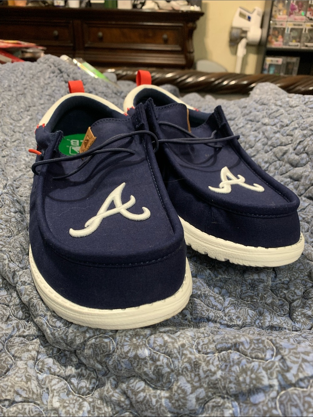 NWOT-Hey Dude Navy Blue and White Slip-On Loafers with Red Pull Tab